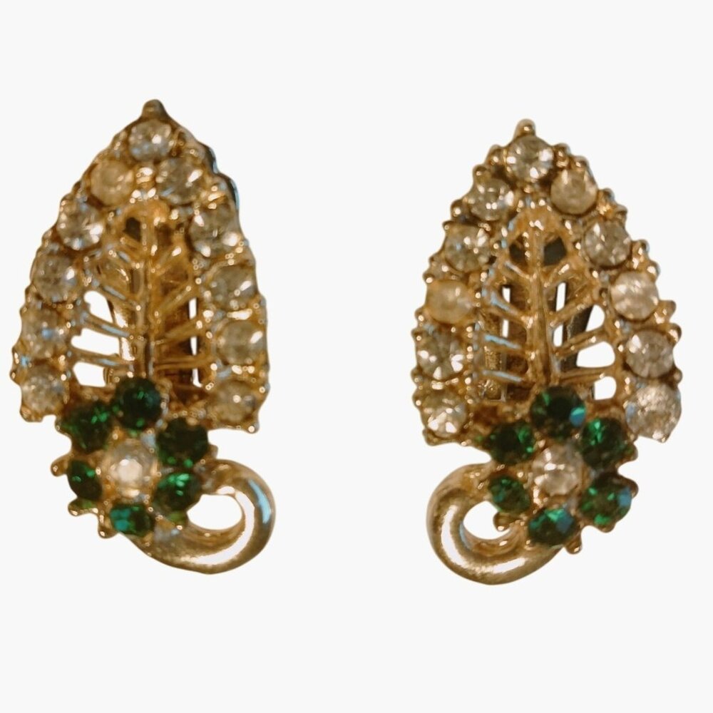 Gold Tone Filigree Leaf Clip On Earrings Clear Green Rhinestones